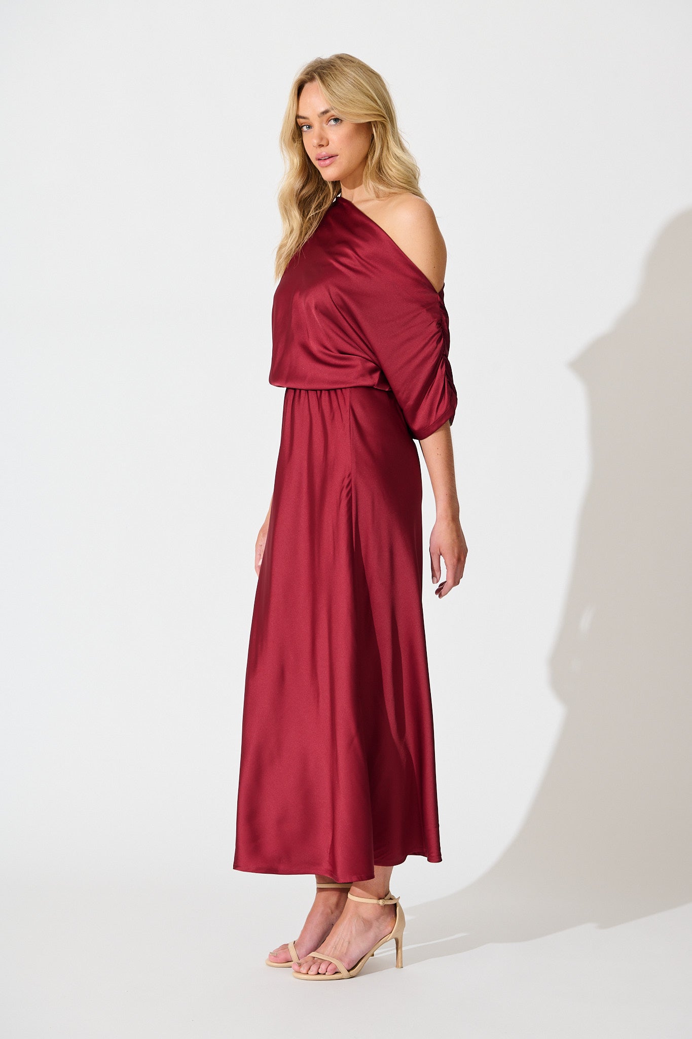 Sarita Wine Satin Off-Shoulder Maxi Dress