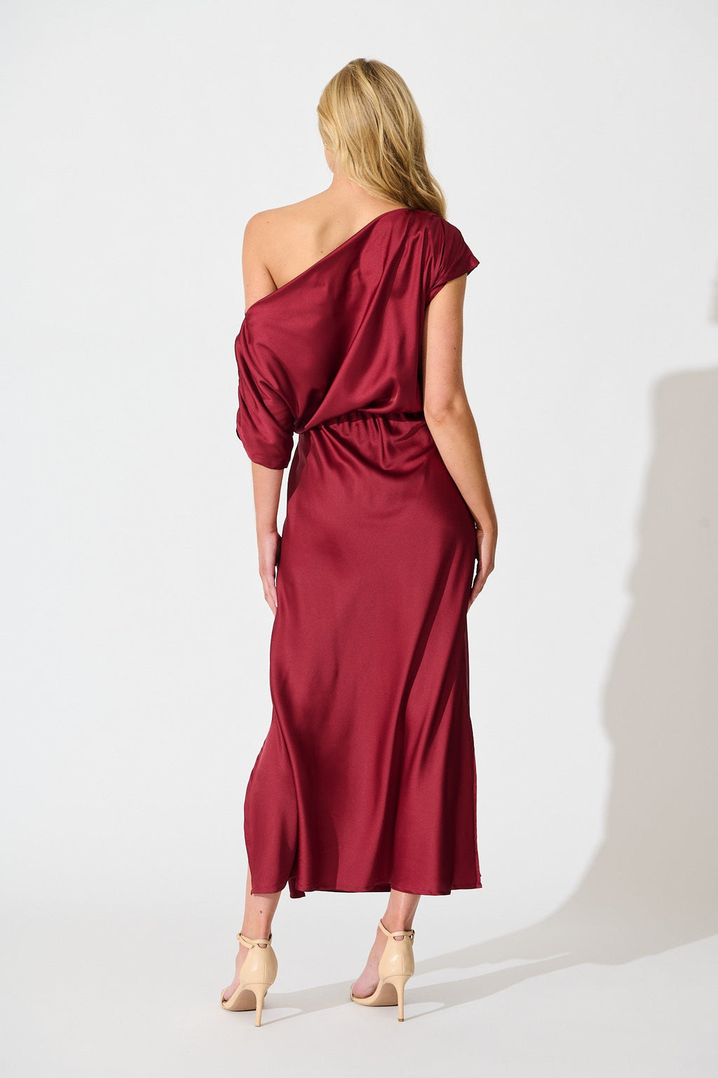 Sarita Wine Satin Off-Shoulder Maxi Dress