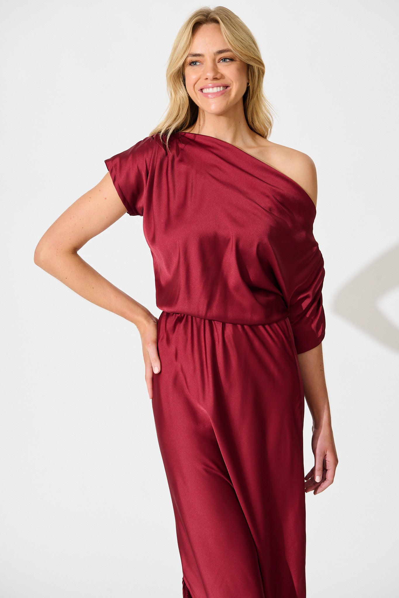 Sarita Wine Satin Off-Shoulder Maxi Dress