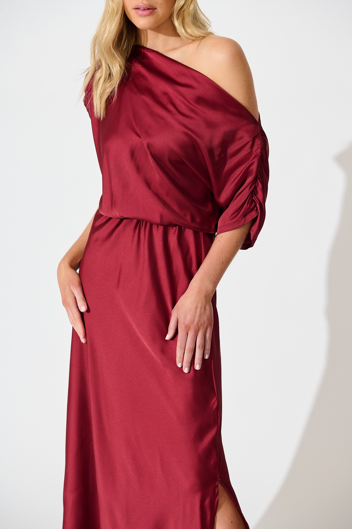 Sarita Wine Satin Off-Shoulder Maxi Dress