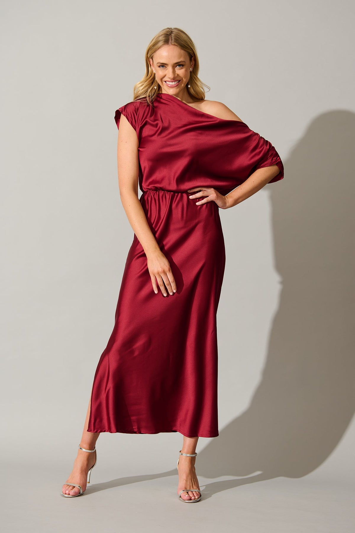 Sarita Wine Satin Off-Shoulder Maxi Dress