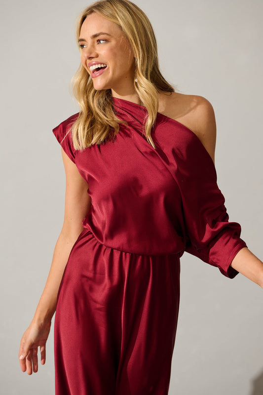 Sarita Wine Satin Off-Shoulder Maxi Dress