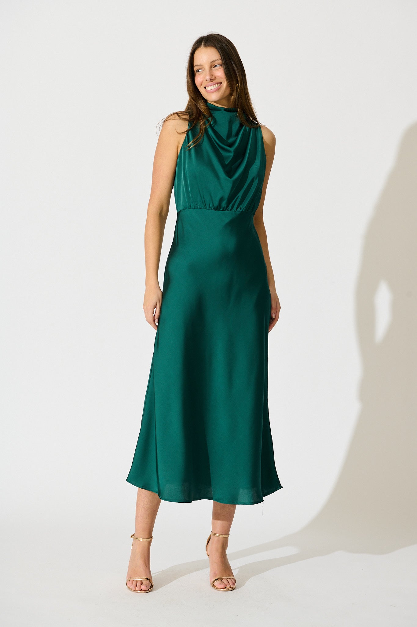 Emerald Satin Vision of Love Midi Dress