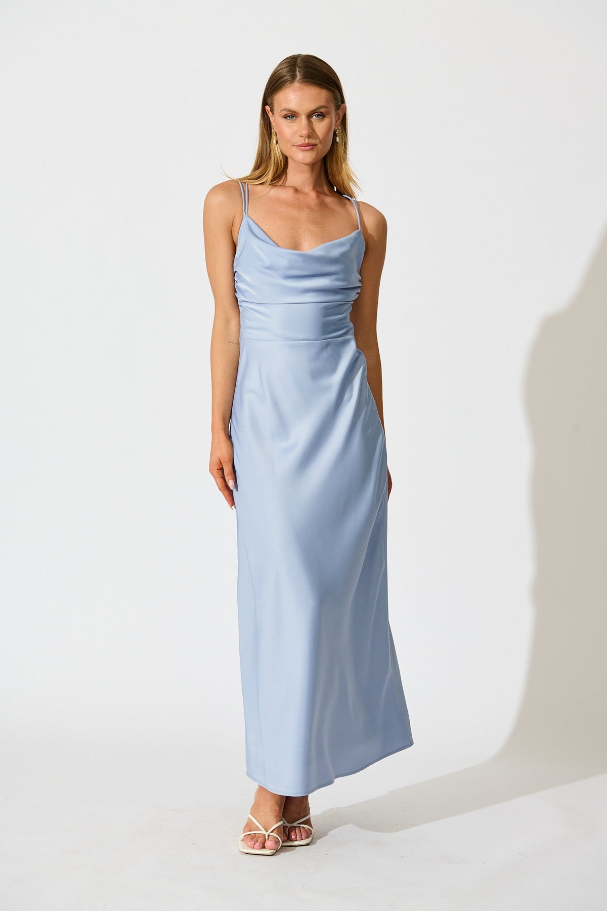 Ice Blue Satin Maxi Dress: Timeless Whispers
