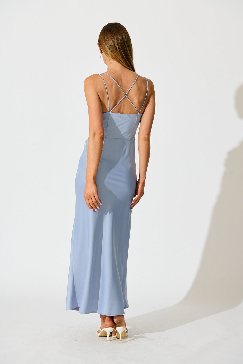 Ice Blue Satin Maxi Dress: Timeless Whispers