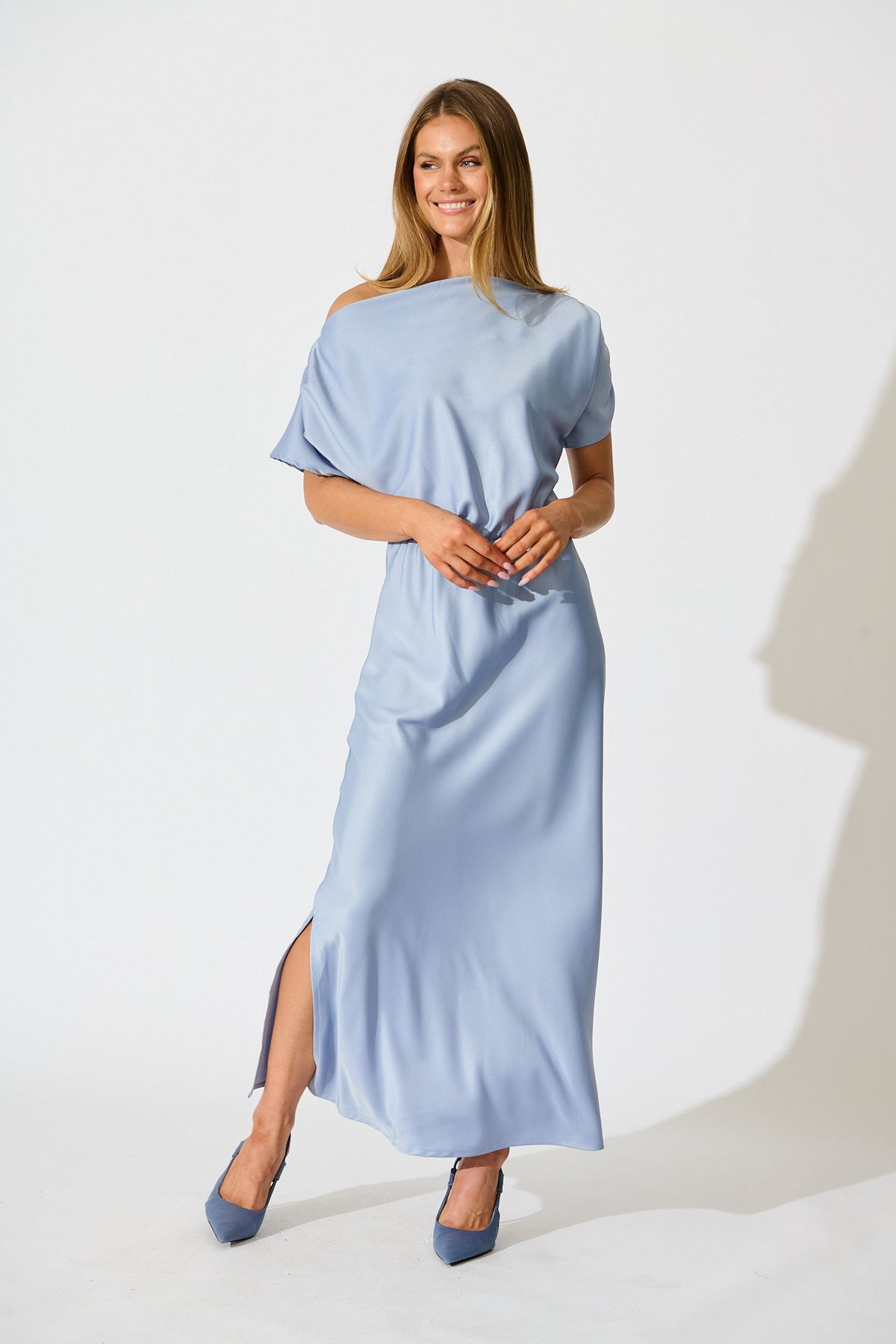 Ice Blue Satin Off-Shoulder Maxi Dress