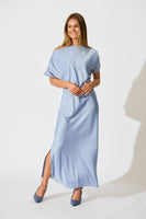 Ice Blue Satin Off-Shoulder Maxi Dress