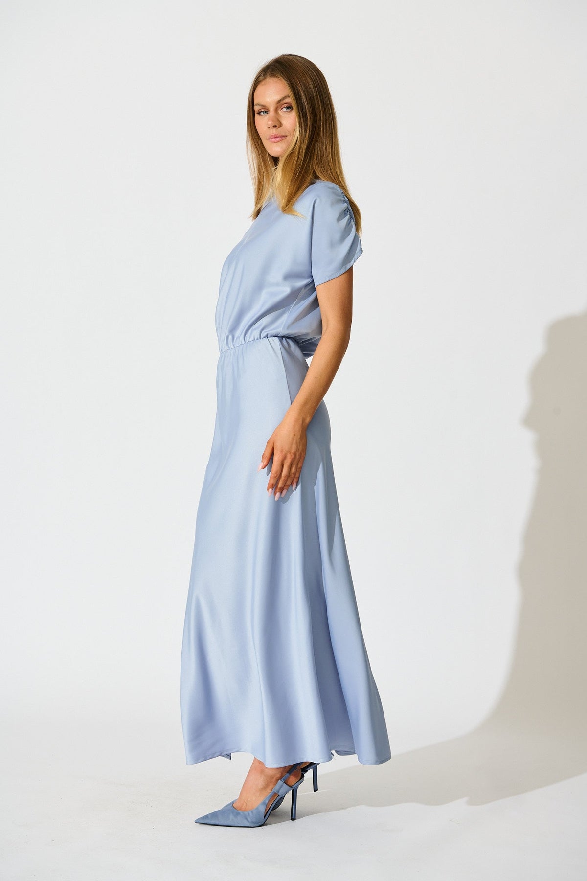 Ice Blue Satin Off-Shoulder Maxi Dress