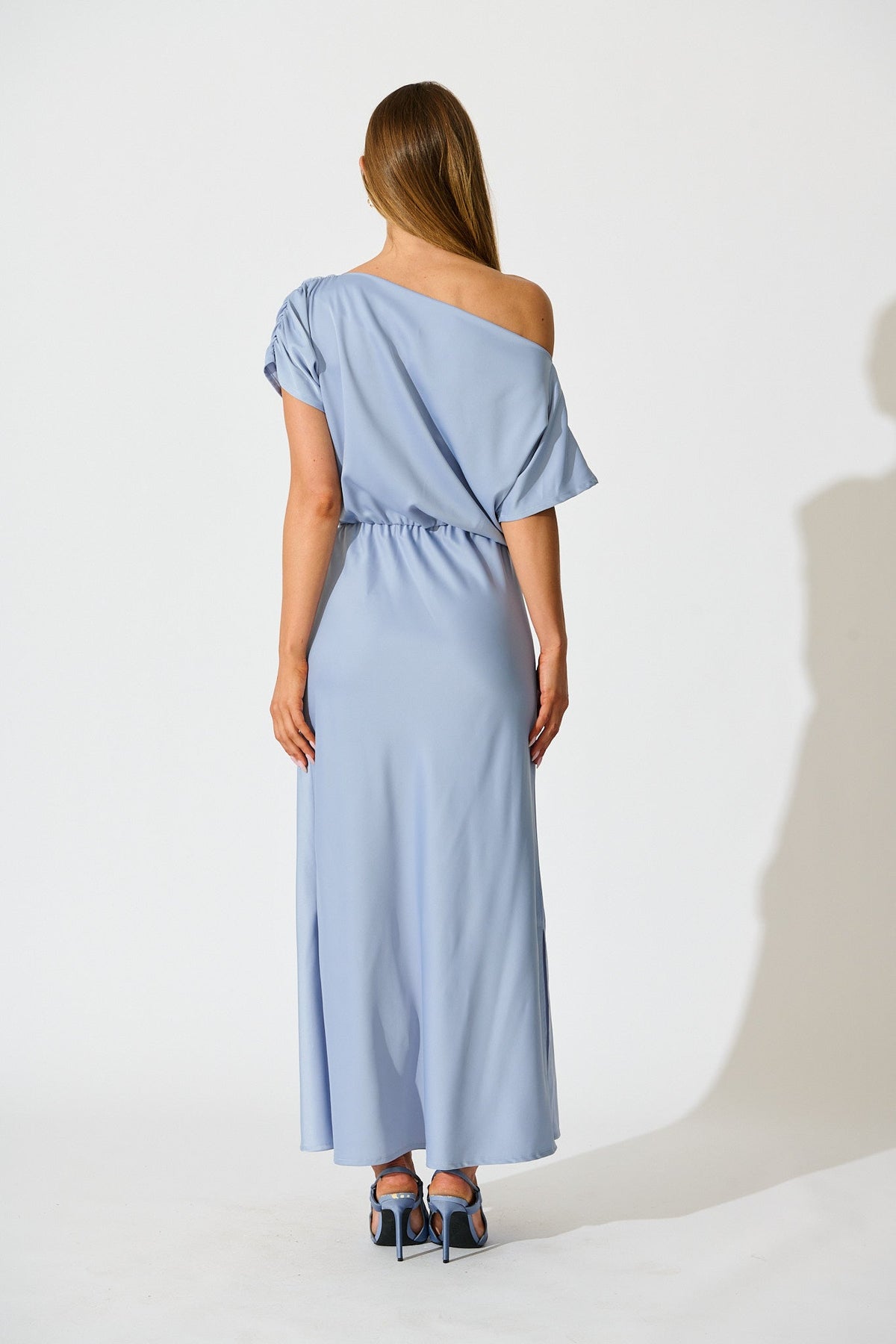 Ice Blue Satin Off-Shoulder Maxi Dress