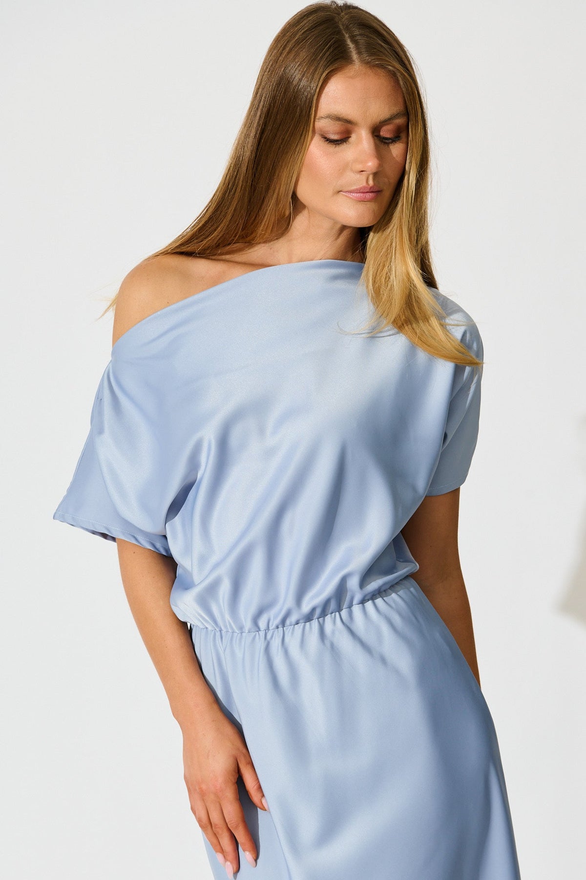 Ice Blue Satin Off-Shoulder Maxi Dress