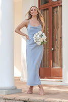 Ice Blue Satin Maxi Dress: Timeless Whispers