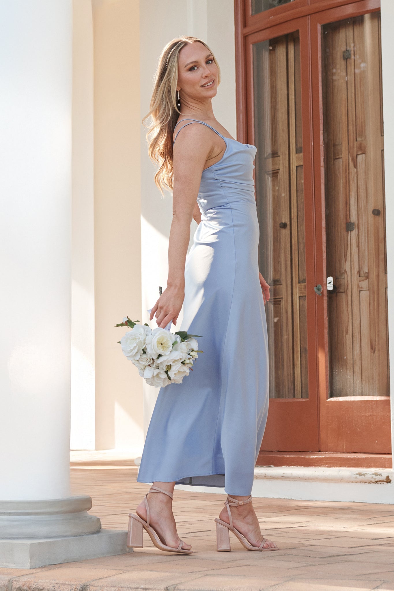 Ice Blue Satin Maxi Dress: Timeless Whispers