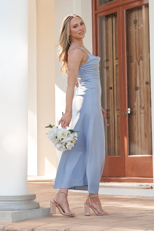 Ice Blue Satin Maxi Dress: Timeless Whispers