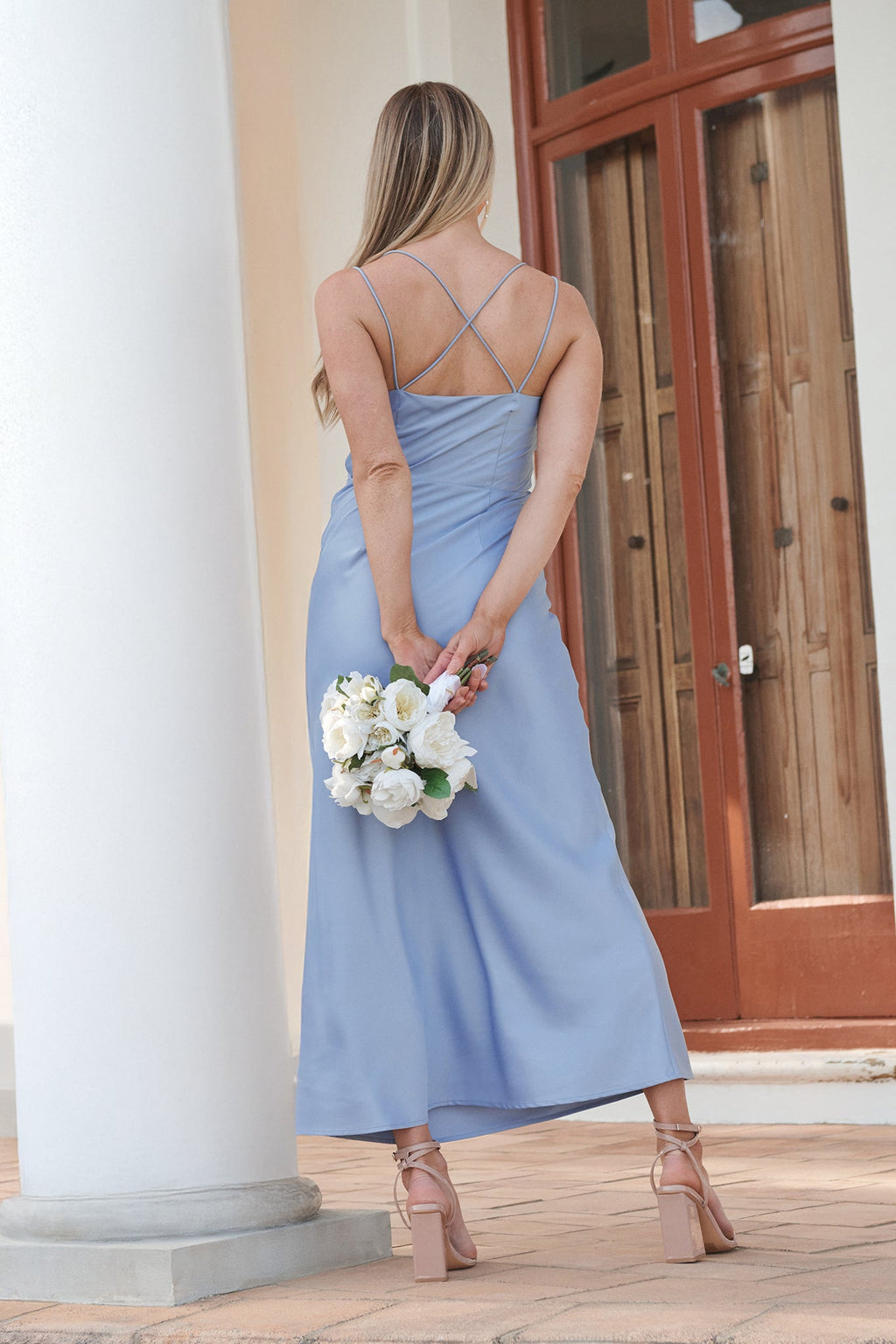 Ice Blue Satin Maxi Dress: Timeless Whispers