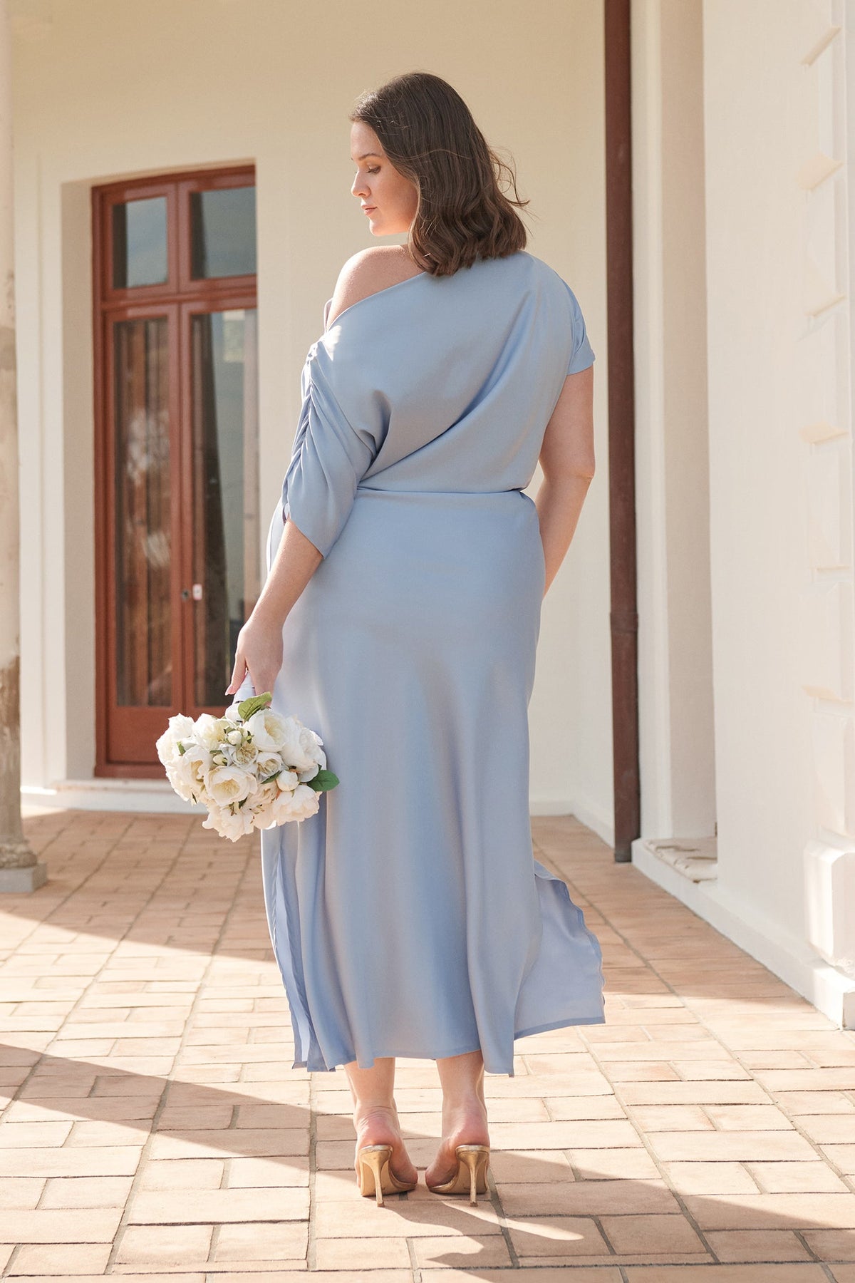 Ice Blue Satin Off-Shoulder Maxi Dress