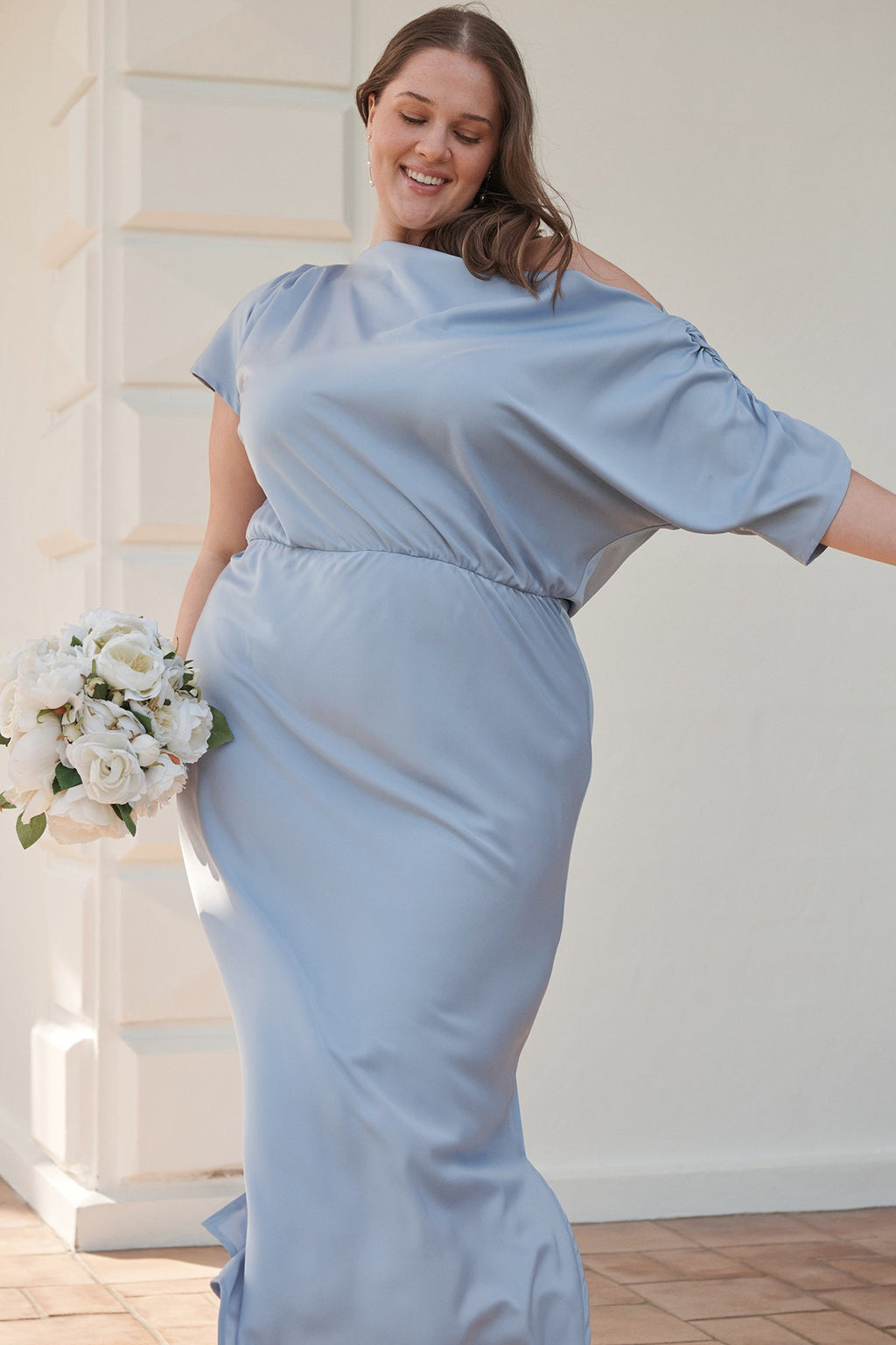 Ice Blue Satin Off-Shoulder Maxi Dress
