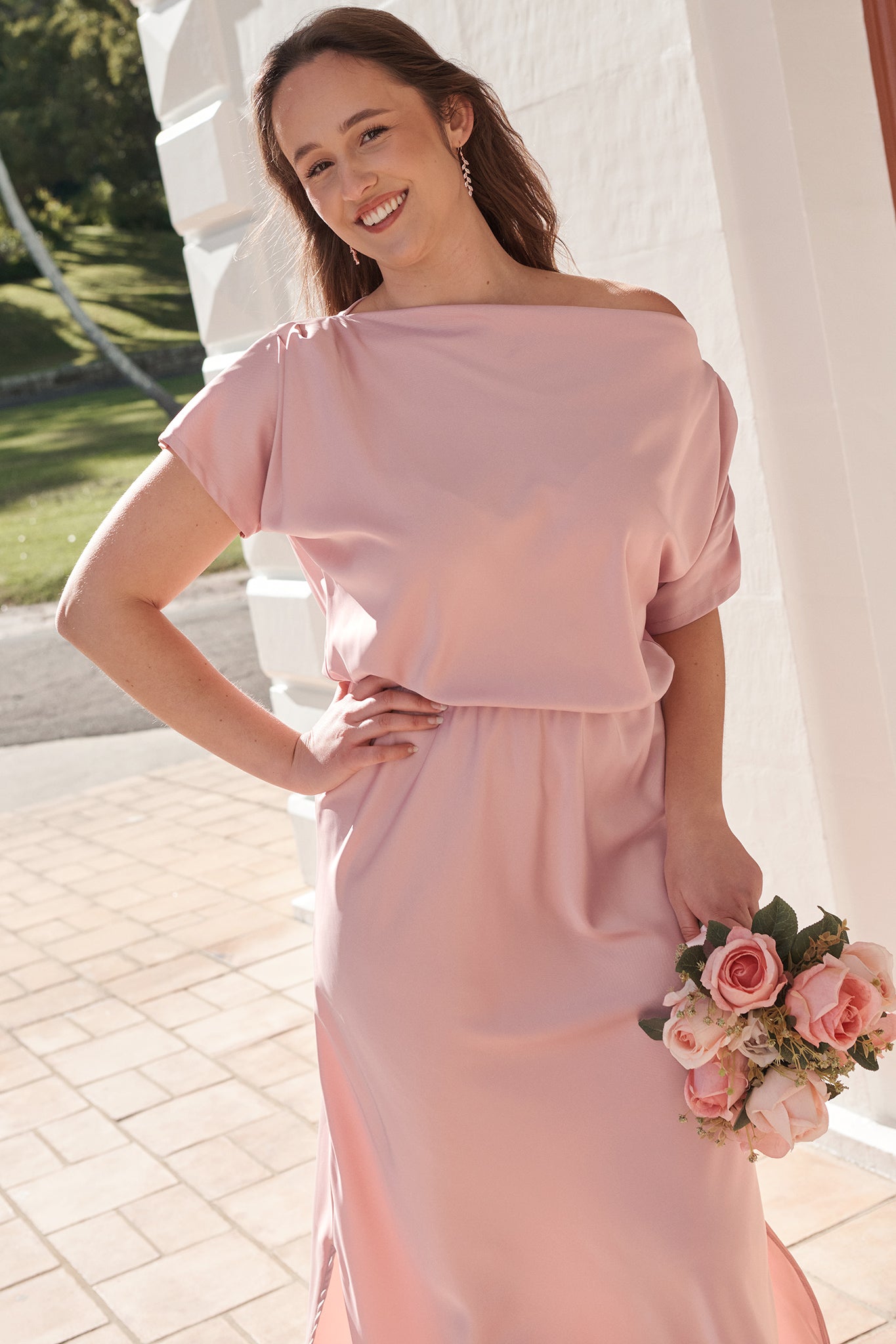Blush Satin Off-Shoulder Maxi Dress
