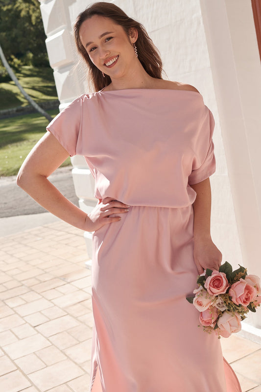 Blush Satin Off-Shoulder Maxi Dress