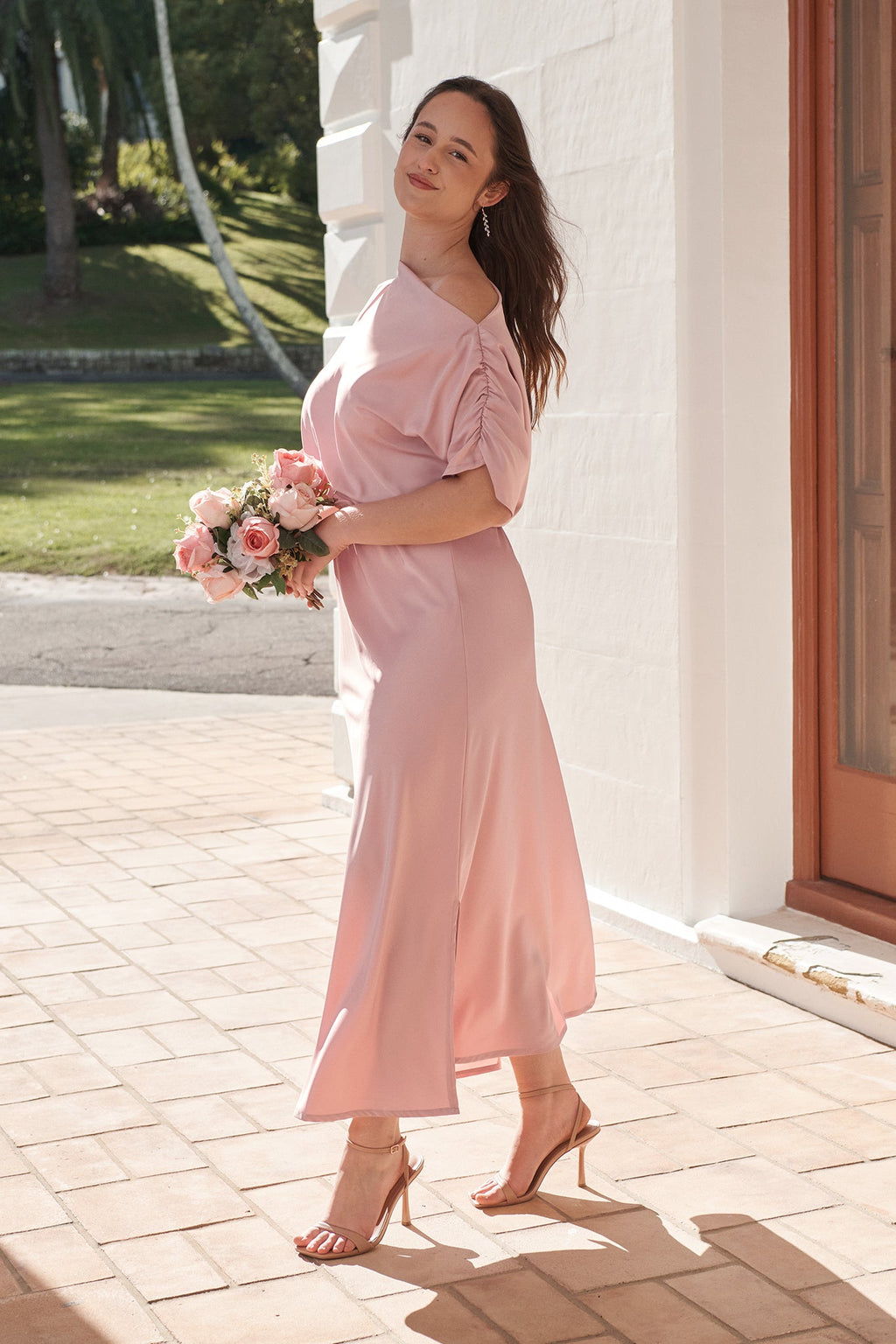Blush Satin Off-Shoulder Maxi Dress