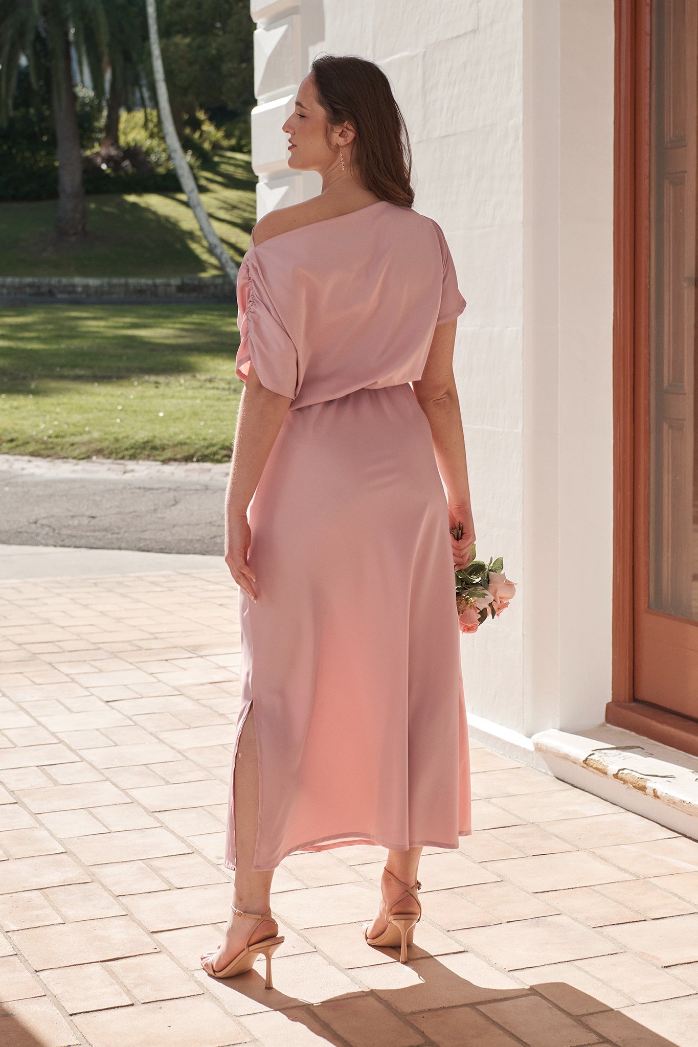 Blush Satin Off-Shoulder Maxi Dress