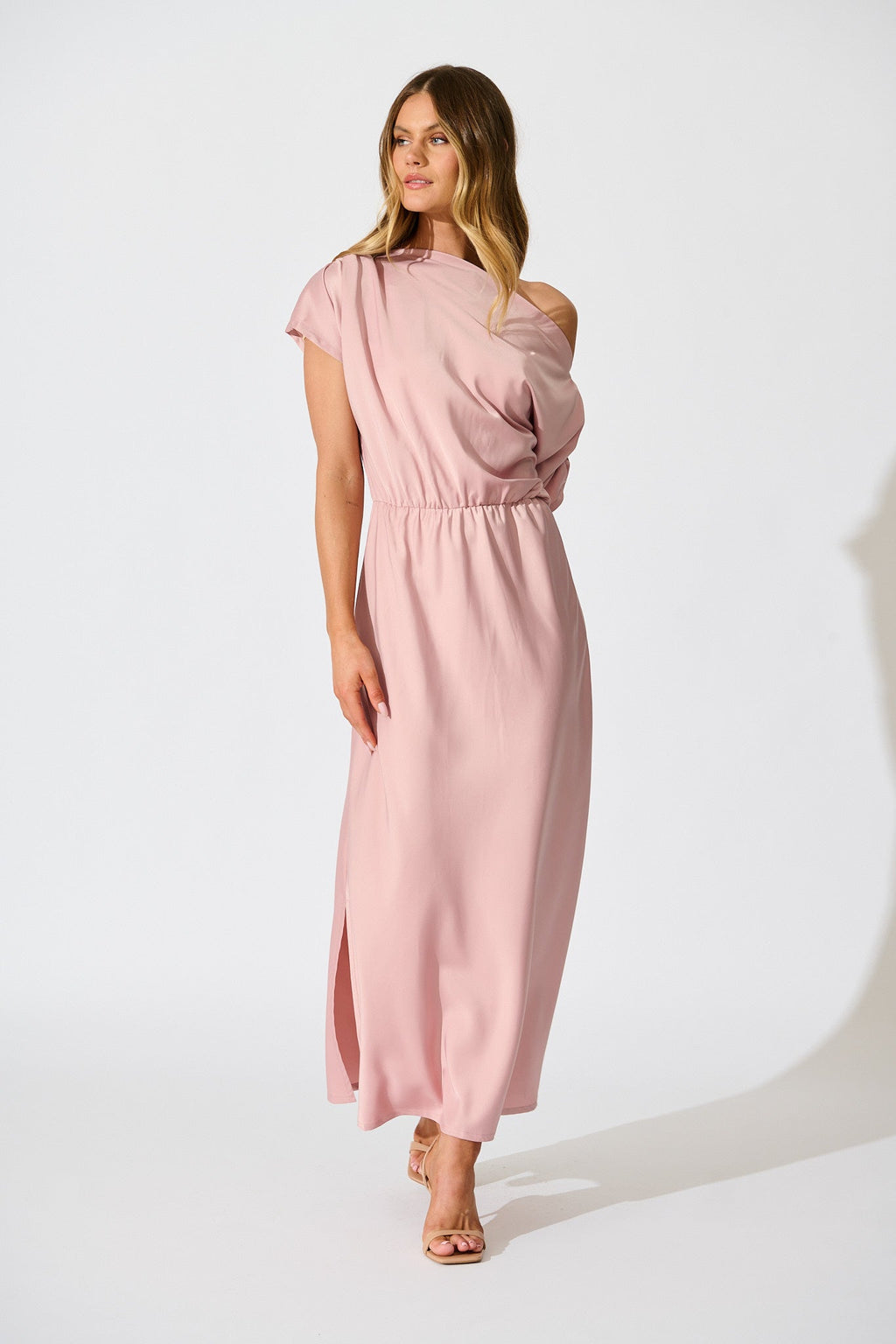 Blush Satin Off-Shoulder Maxi Dress