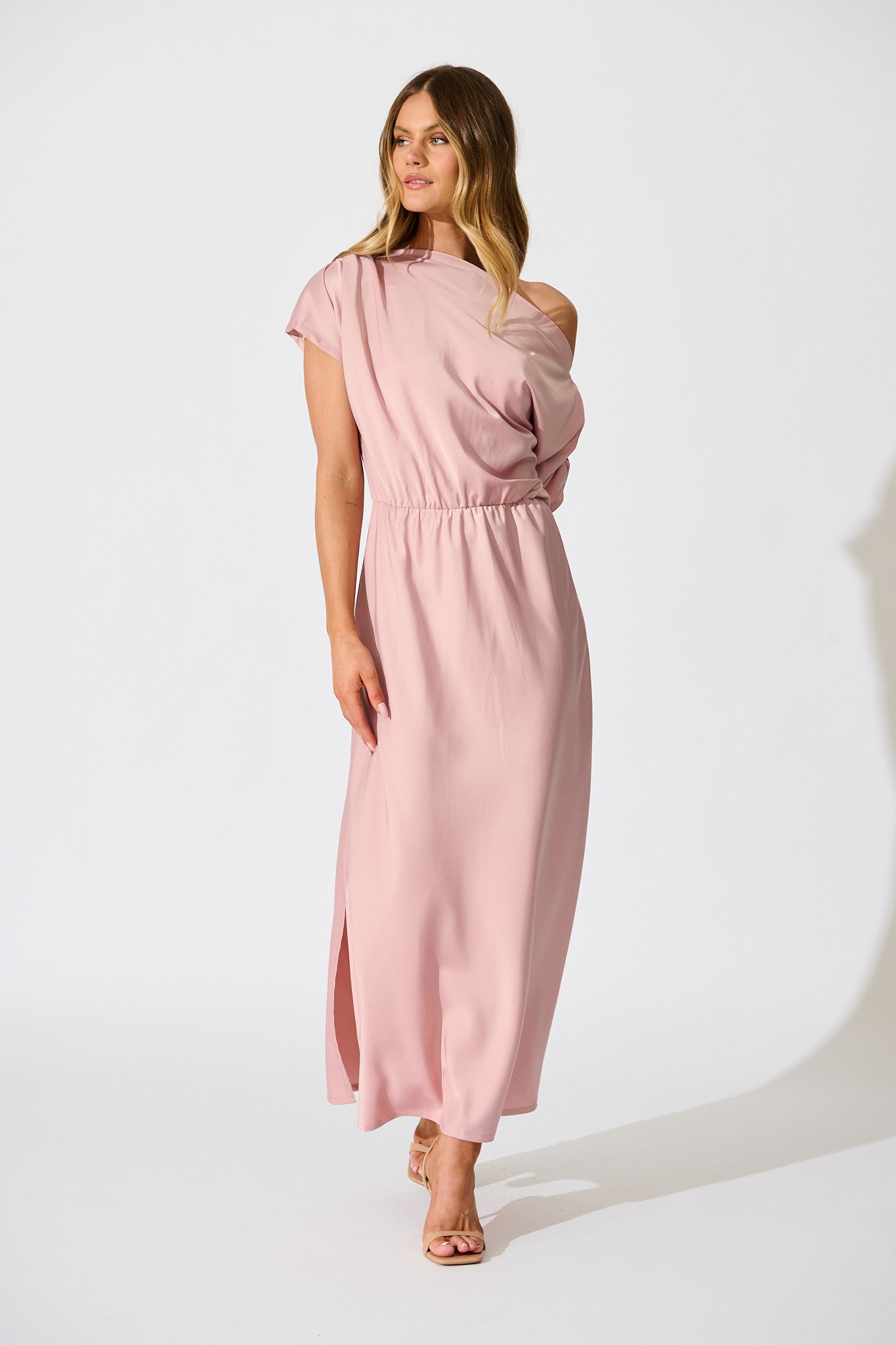Blush Satin Off-Shoulder Maxi Dress