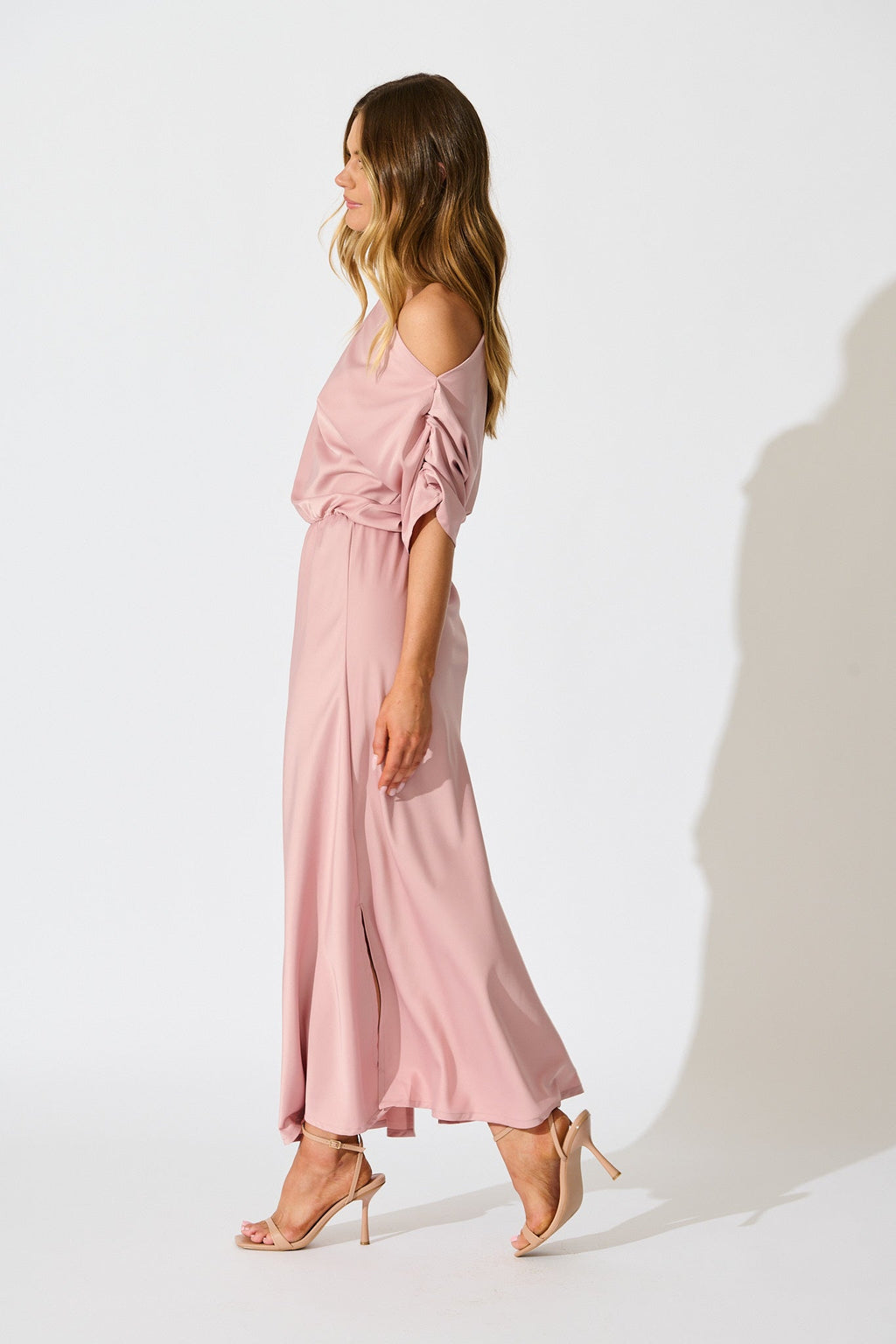 Blush Satin Off-Shoulder Maxi Dress