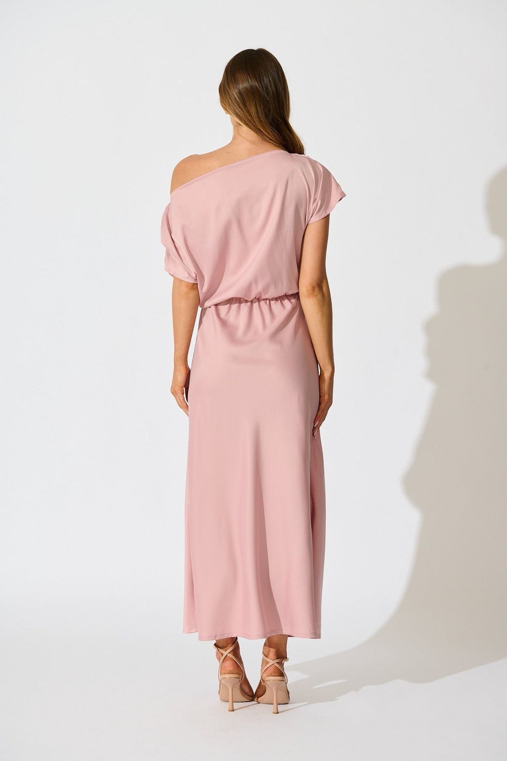 Blush Satin Off-Shoulder Maxi Dress