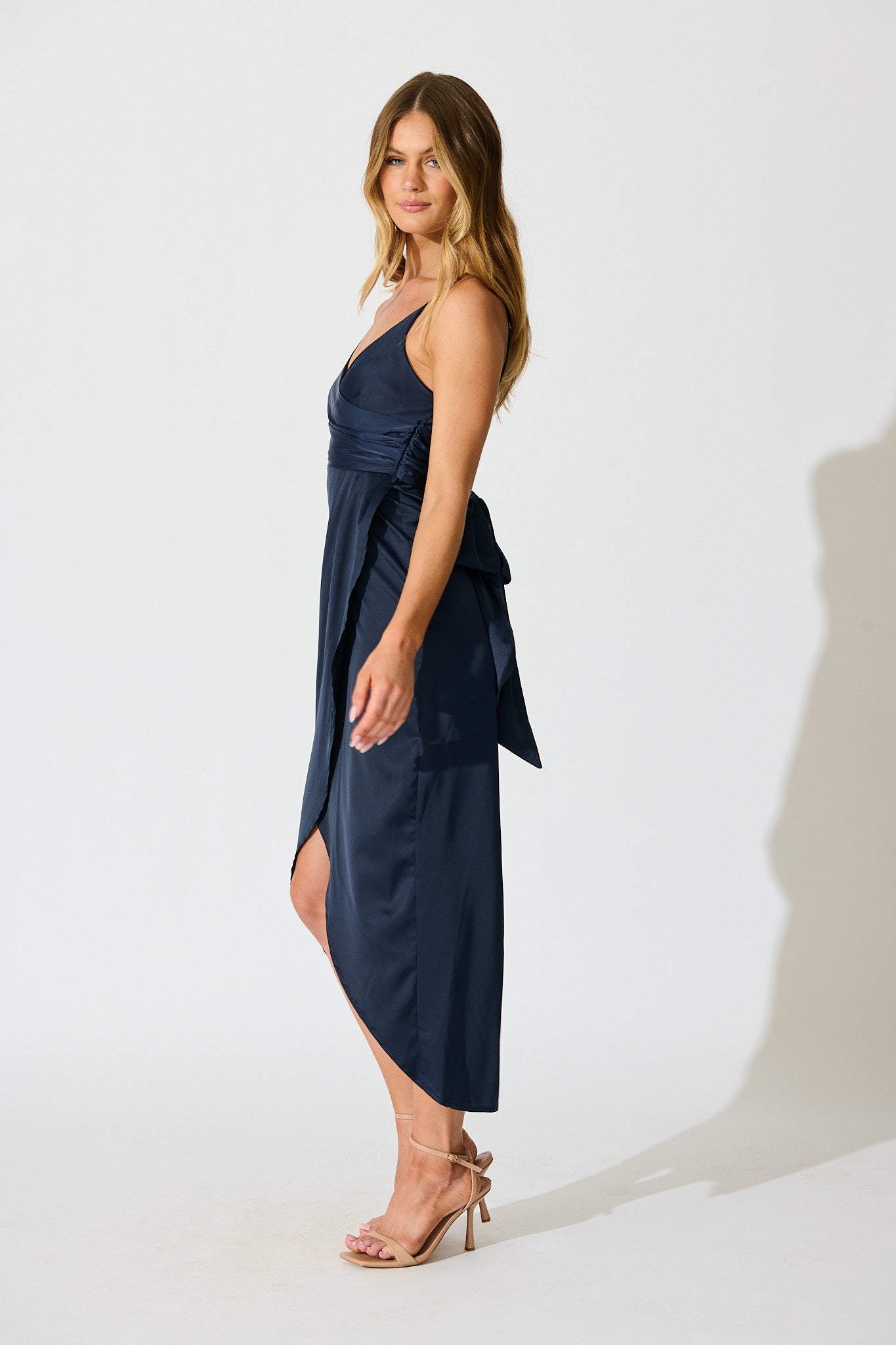 Navy Satin Midi Dress: Soft Elegance