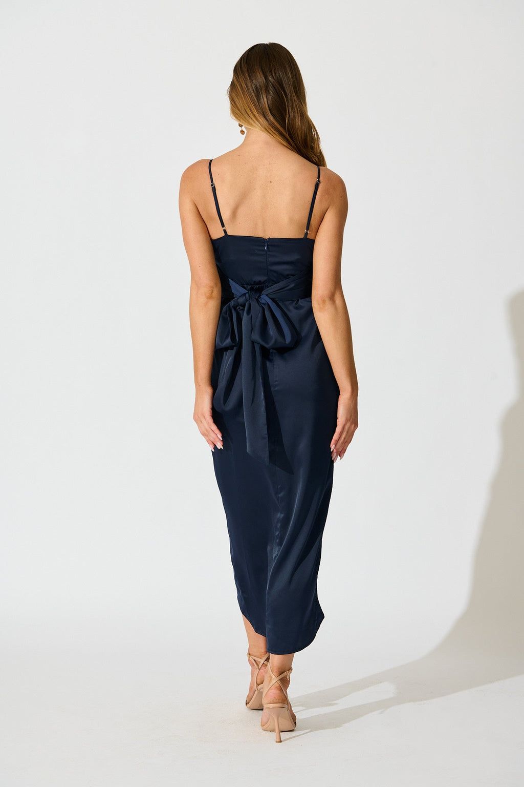 Navy Satin Midi Dress: Soft Elegance
