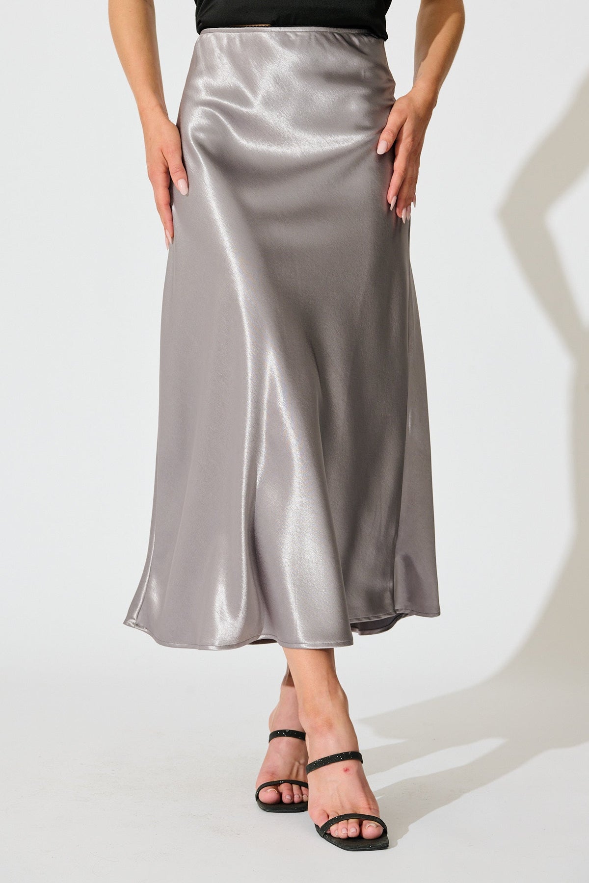 Grey Satin Poise Midi Skirt
