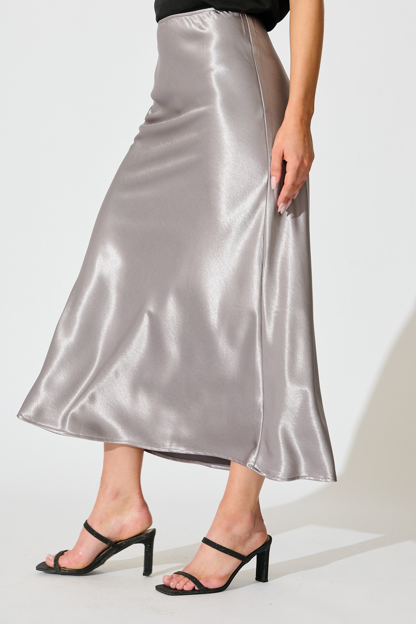 Grey Satin Poise Midi Skirt