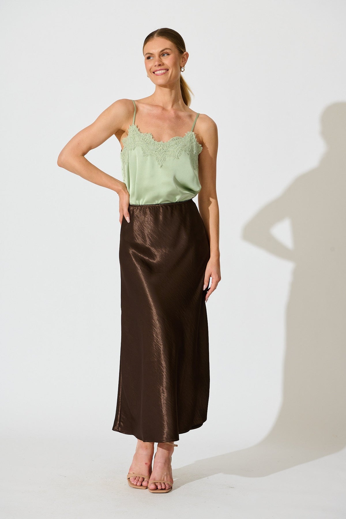 Chocolate Satin Midi Skirt