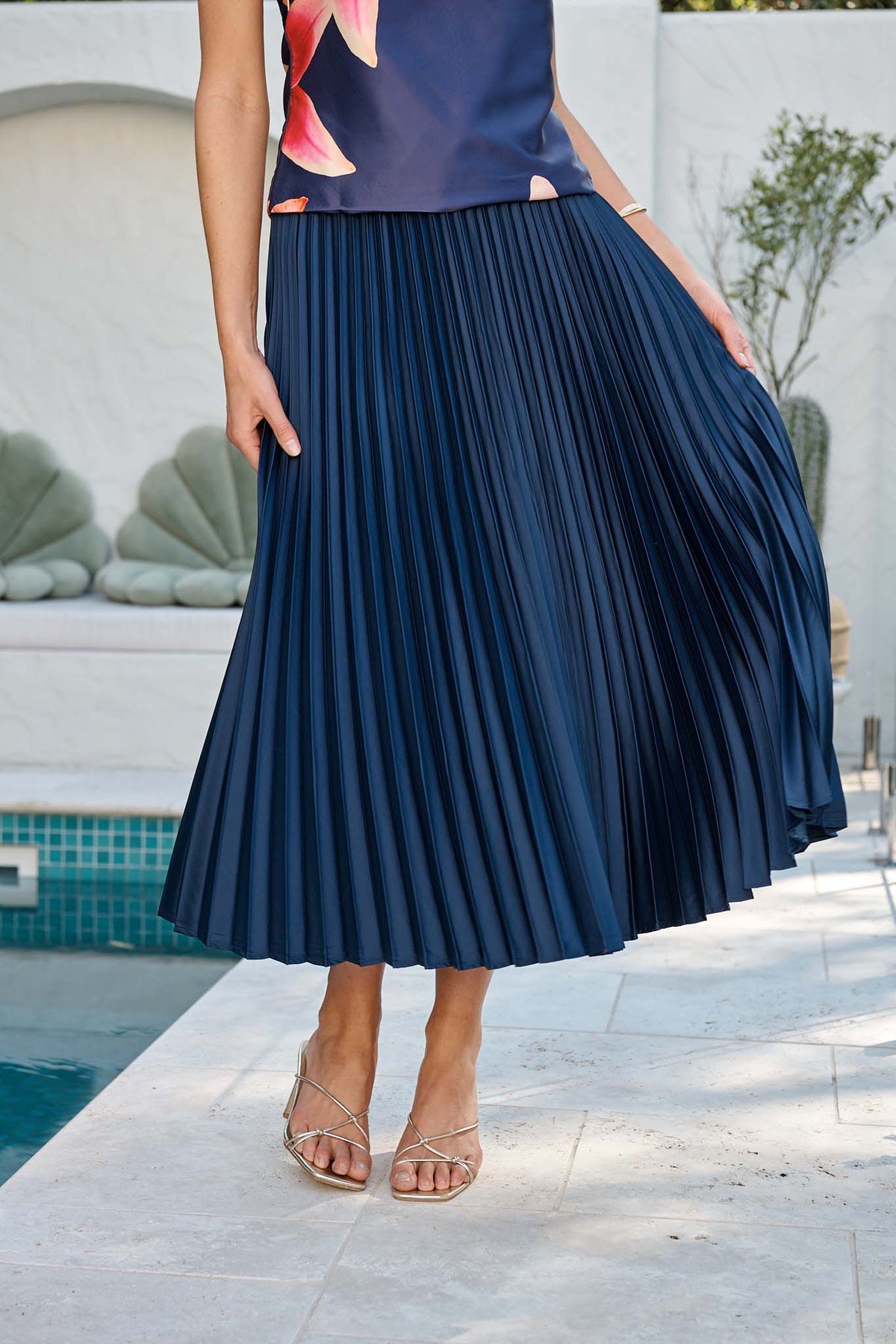 Navy Satin Midi Pleat Skirt