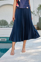 Navy Satin Midi Pleat Skirt