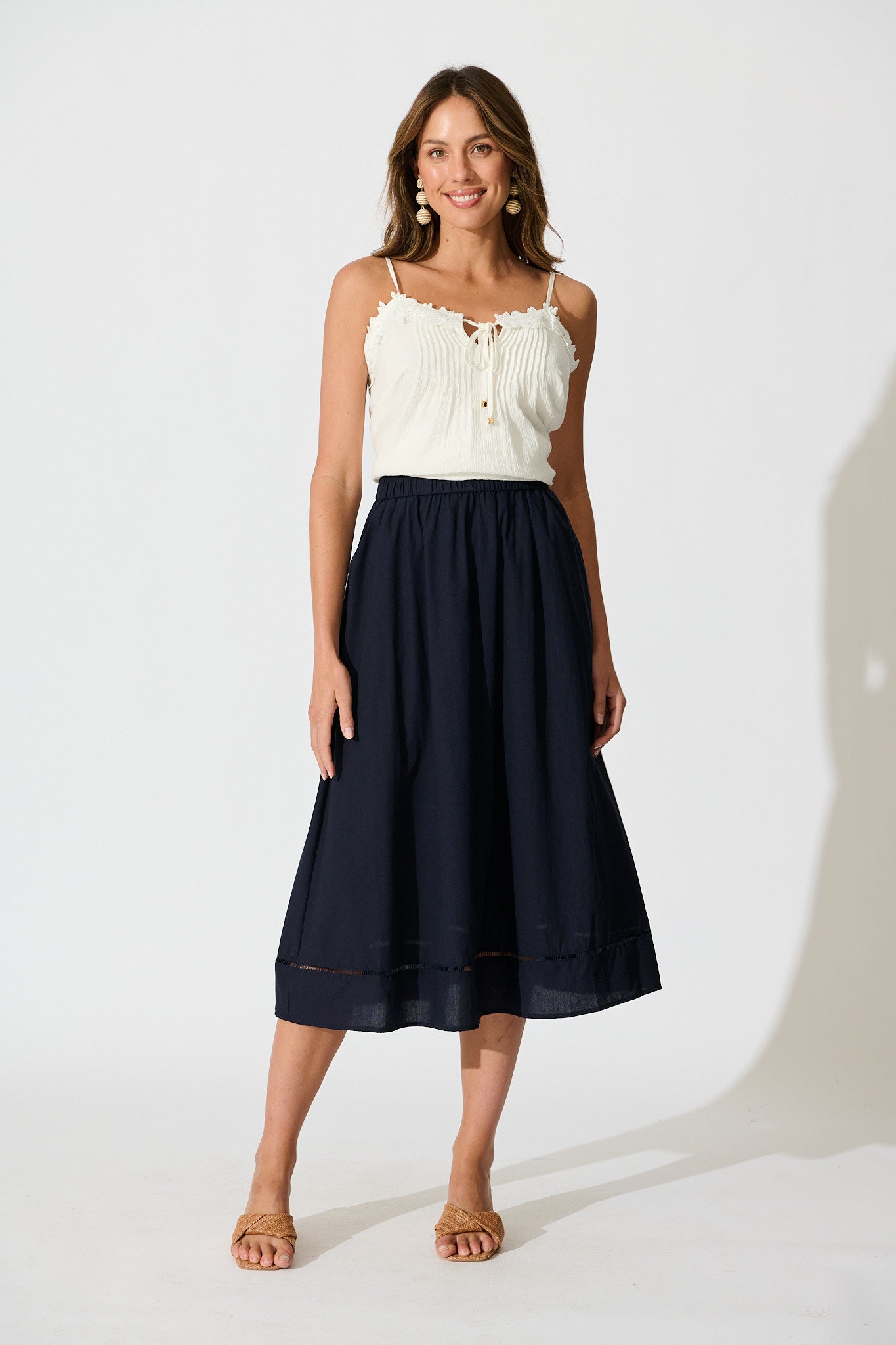 Navy Linen Blend Cylas Midi Skirt