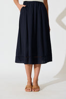 Navy Linen Blend Cylas Midi Skirt