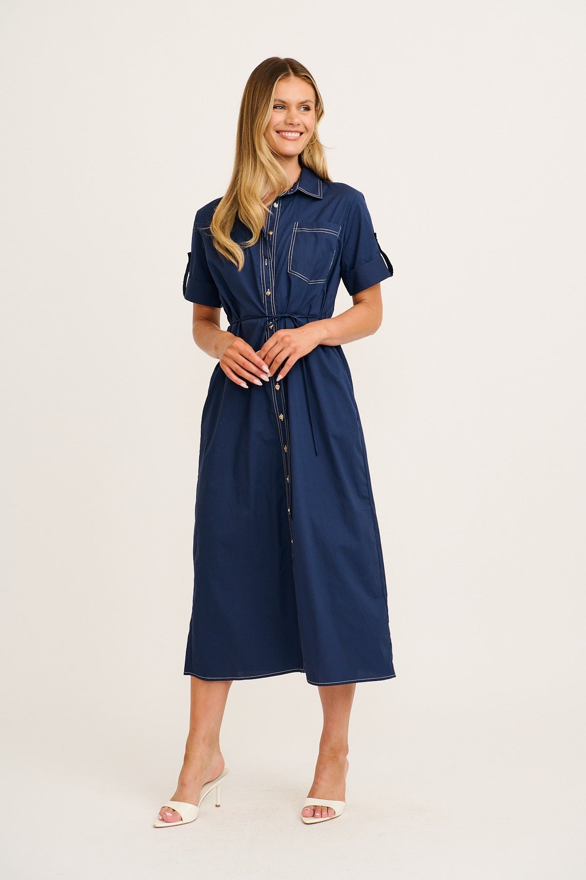 Navy Cotton Midi Shirt Dress