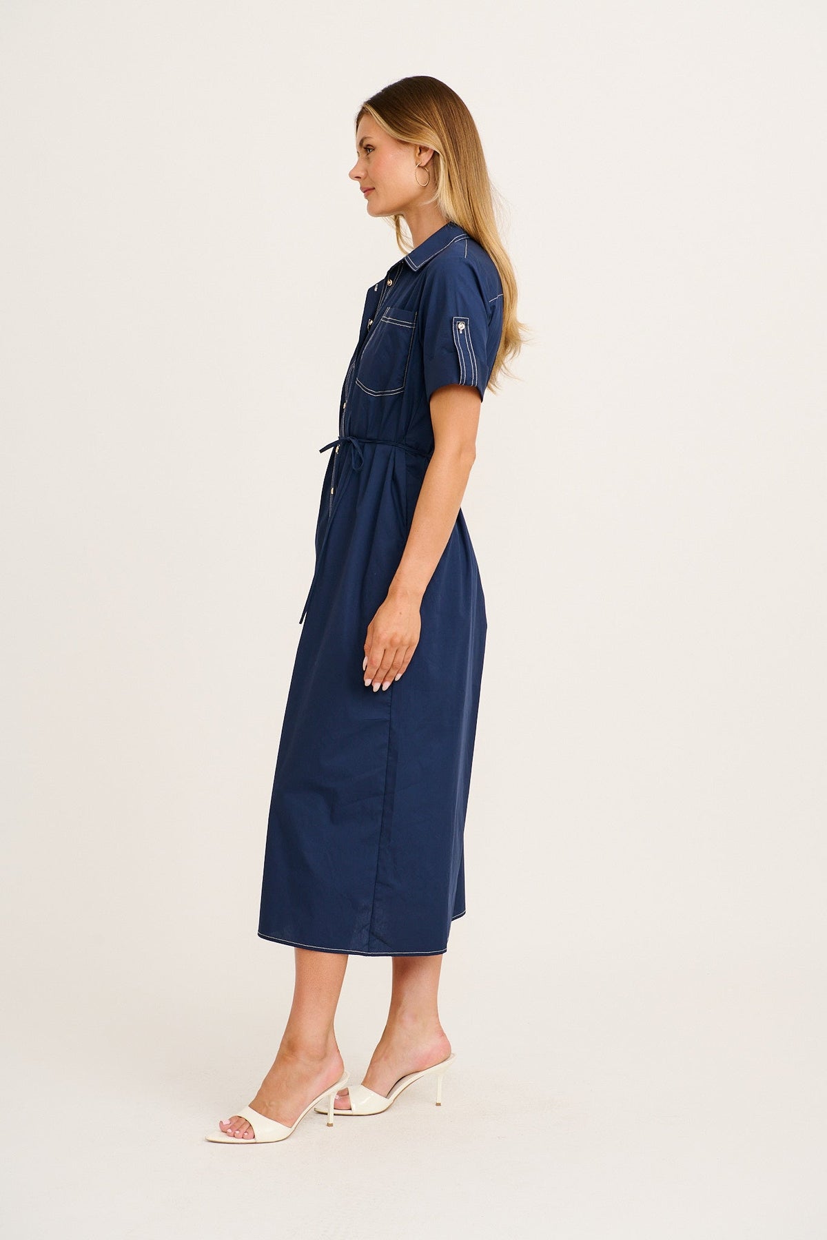 Navy Cotton Midi Shirt Dress