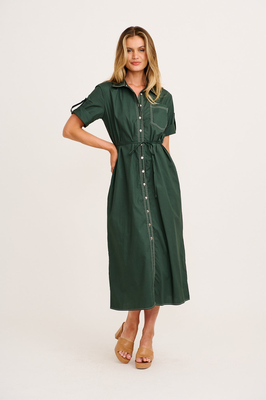 Emerald Cotton Midi Shirt Dress