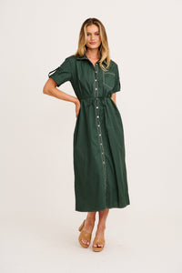 Emerald Cotton Midi Shirt Dress