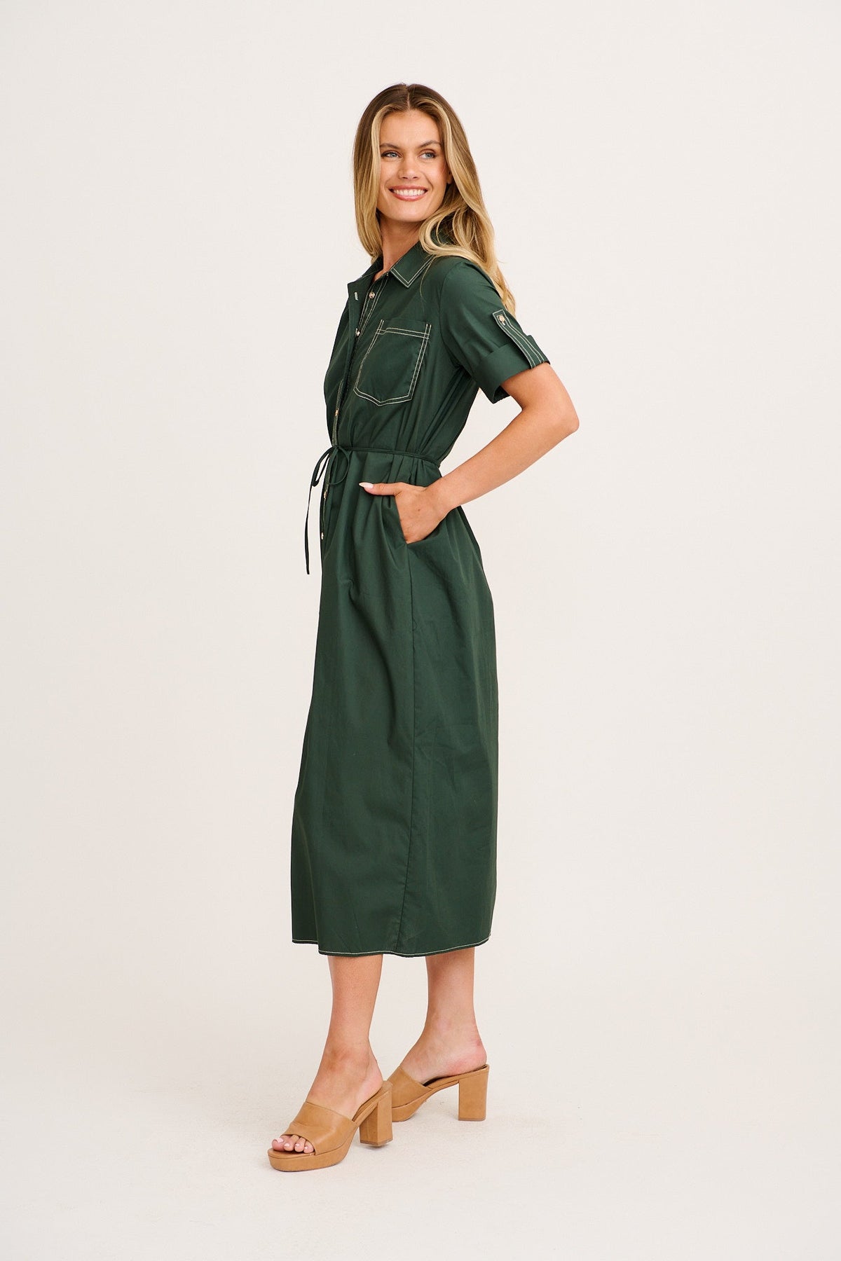 Emerald Cotton Midi Shirt Dress