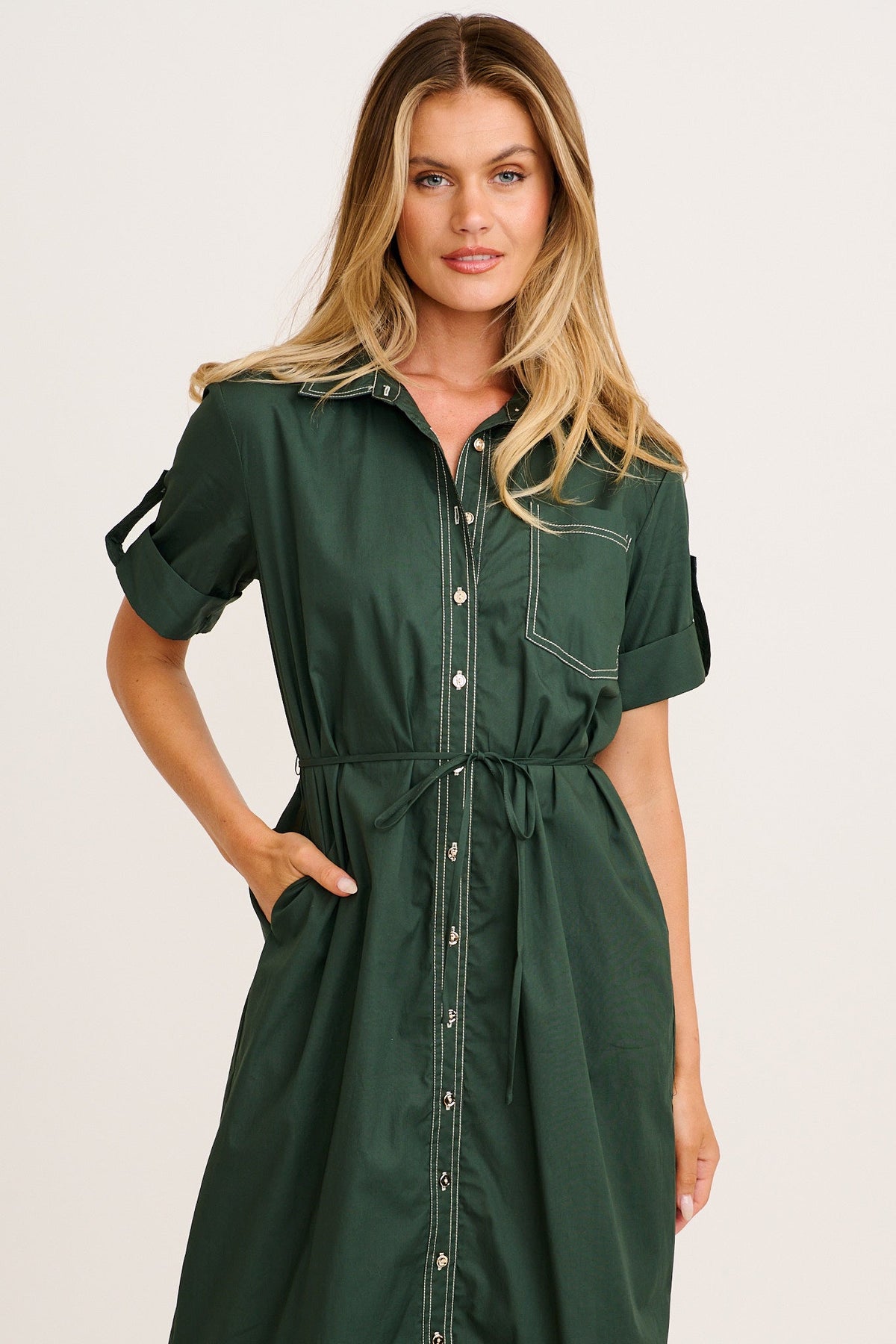 Emerald Cotton Midi Shirt Dress