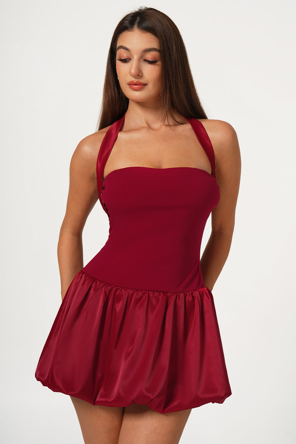 Red Satin Lace-Up Bubble Hem Mini Dress