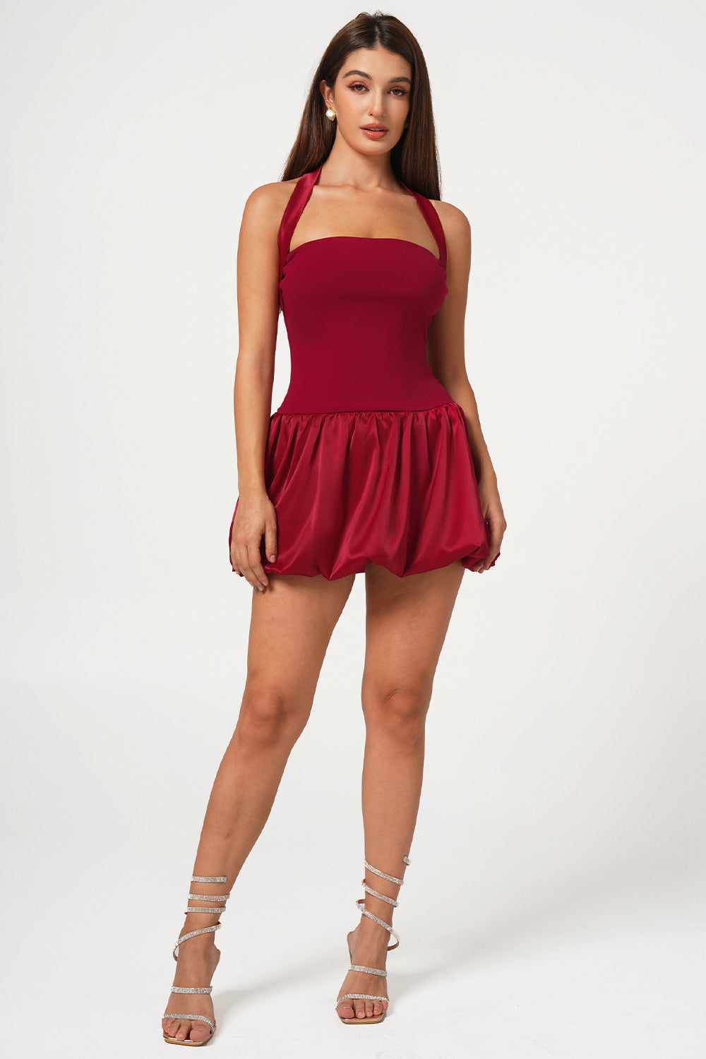 Red Satin Lace-Up Bubble Hem Mini Dress