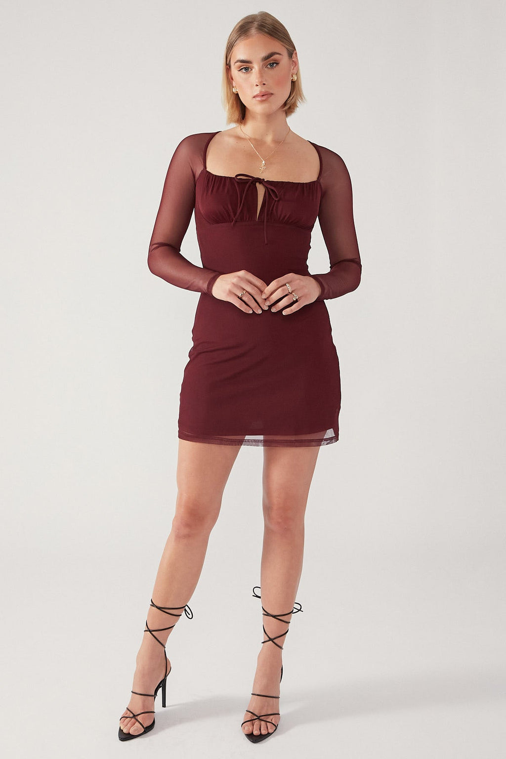 Burgundy Mesh Bodycon Mini Dress