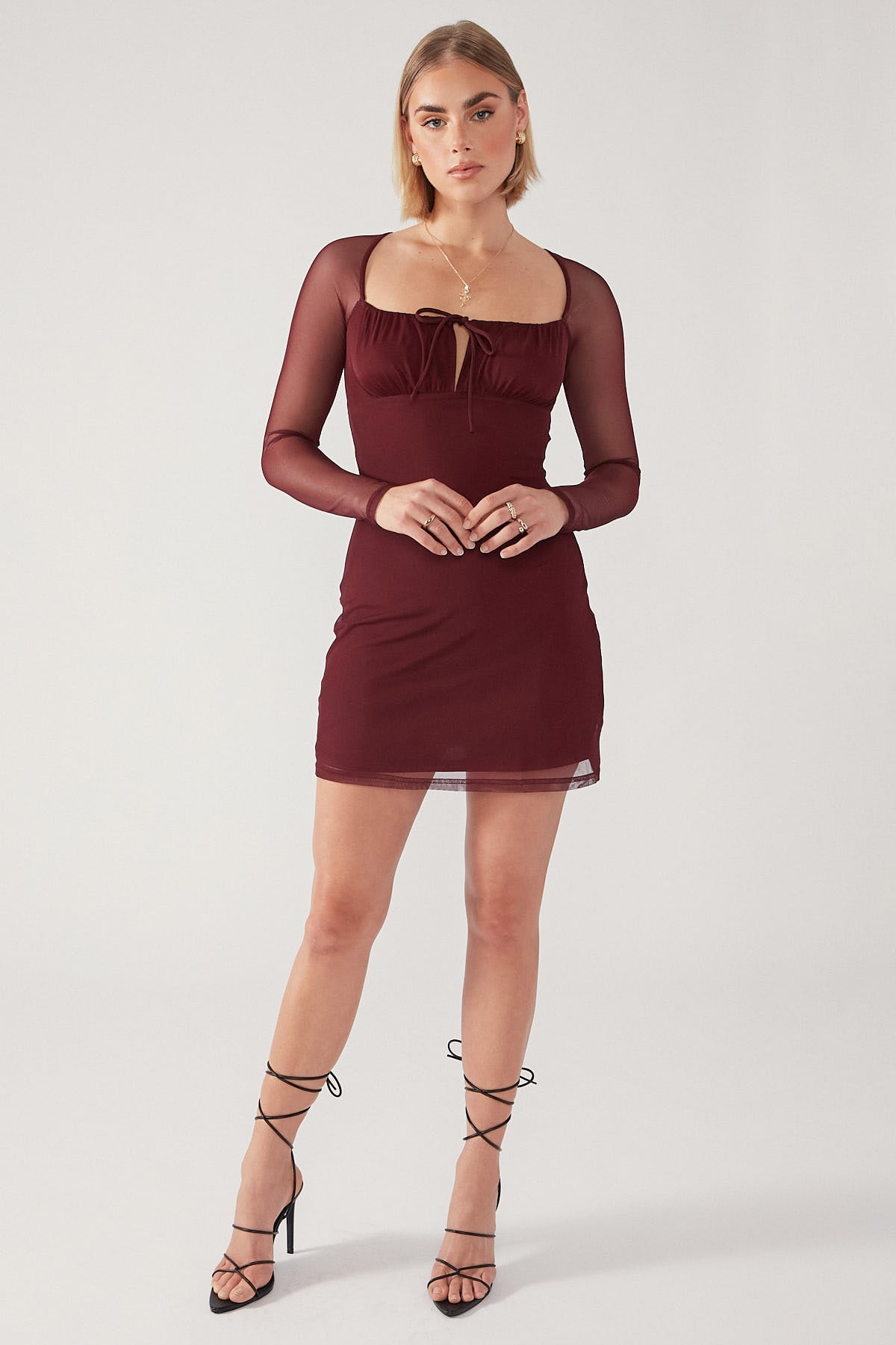 Burgundy Mesh Bodycon Mini Dress