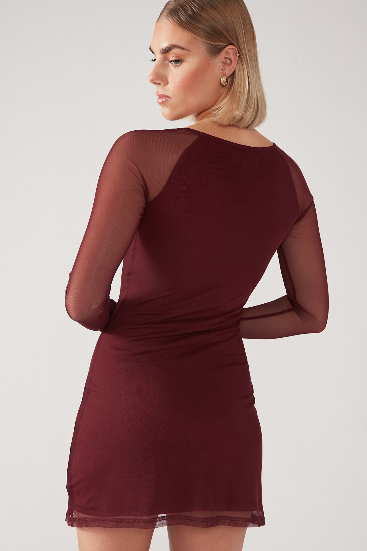 Burgundy Mesh Bodycon Mini Dress