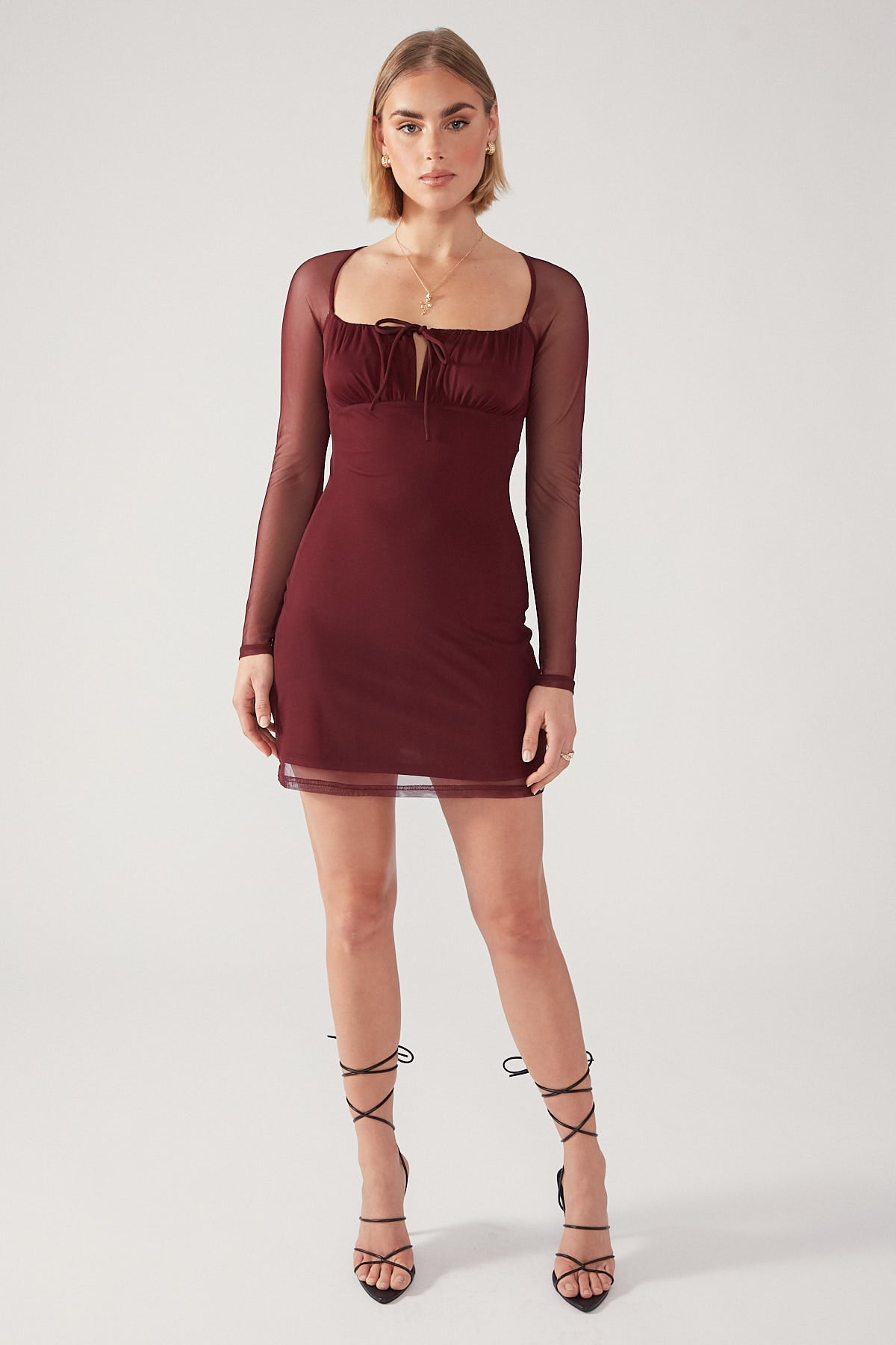 Burgundy Mesh Bodycon Mini Dress