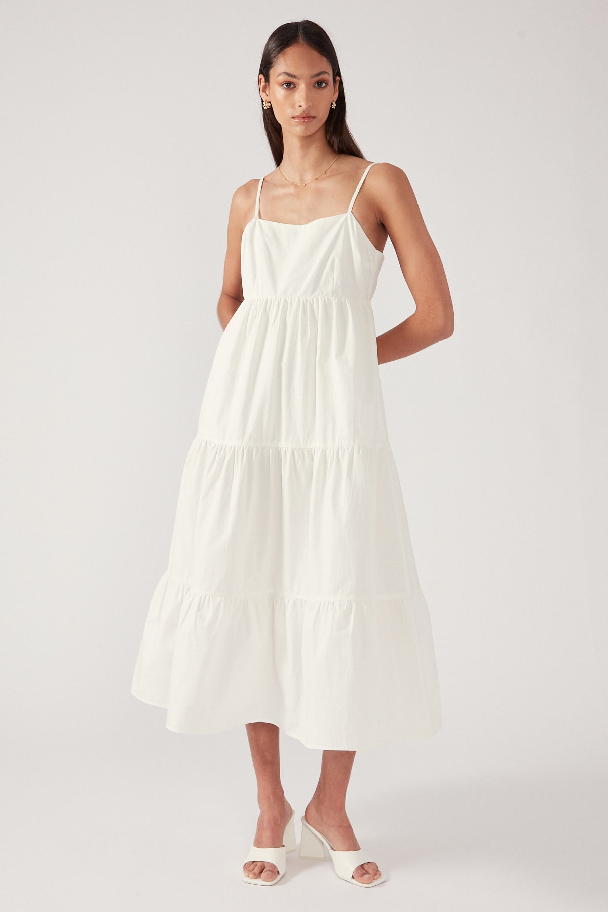 White Tiered Open Back Midi Dress